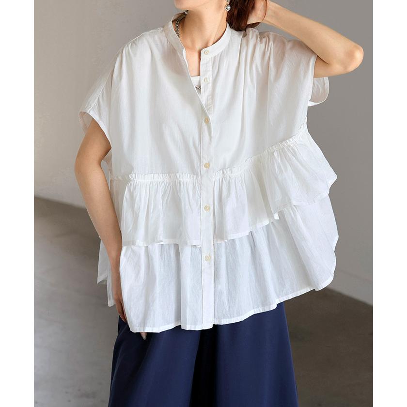 シャツ ノーカラー 綿100％ フリル トップス レディース バンドカラー ブラウス ロング ロングシャツ チュニック | HUG.U | 19
