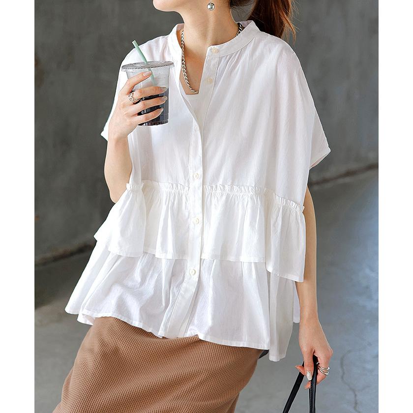 シャツ ノーカラー 綿100％ フリル トップス レディース バンドカラー ブラウス ロング ロングシャツ チュニック | HUG.U | 07
