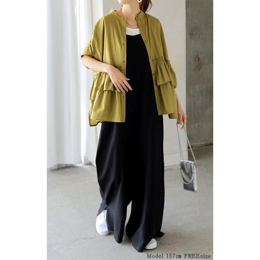 HUG.U シャツ ノーカラー 綿100％ フリル トップス レディース バンド