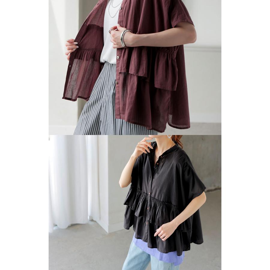 シャツ ノーカラー 綿100％ フリル トップス レディース バンドカラー ブラウス ロング ロングシャツ チュニック | HUG.U | 10