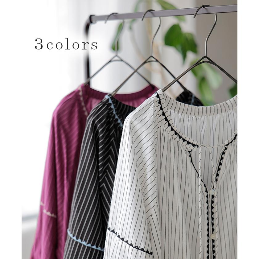 ストライプ長袖ワンピース 36 HUG.U ワンピース シャツ 刺繍 シャツワンピース ノーカラー