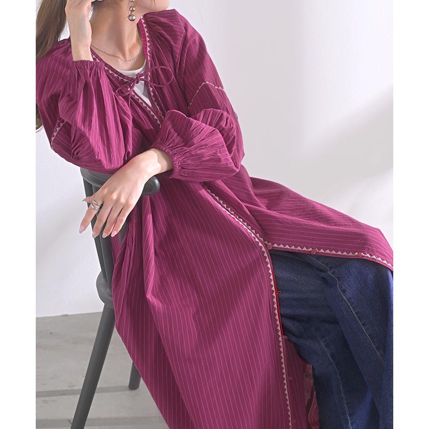 HUG.U ワンピース シャツ 刺繍 シャツワンピース ノーカラー