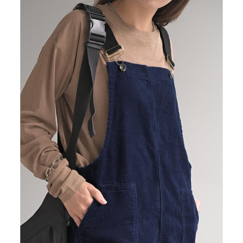 サロペット 綿100 コーデュロイ ロング レディース サロペ パンツ ロングパンツ ノースリーブ ワイド ストレート オーバーオール レイヤード 重ね着 調節可能 | HUG.U | 05