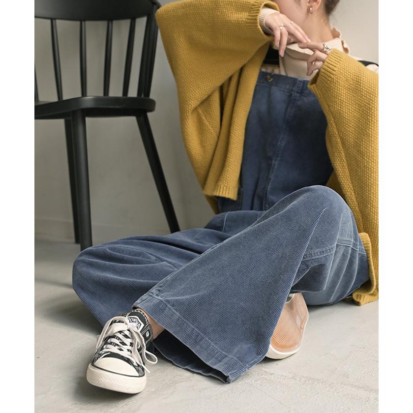 サロペット 綿100 コーデュロイ ロング レディース サロペ パンツ ロングパンツ ノースリーブ ワイド ストレート オーバーオール レイヤード 重ね着 調節可能 | HUG.U | 09