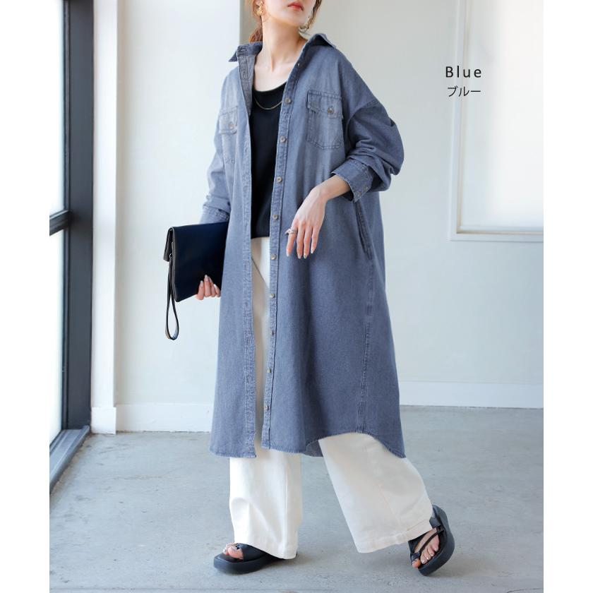 ワンピース シャツ デニム シャツワンピ レディース デニムワンピ シャツワンピース レイヤード 長袖 ロング ロングワンピース Aライン ワンピ | HUG.U | 11