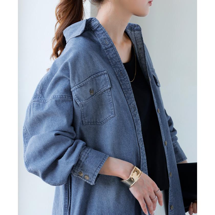 ワンピース シャツ デニム シャツワンピ レディース デニムワンピ シャツワンピース レイヤード 長袖 ロング ロングワンピース Aライン ワンピ | HUG.U | 15