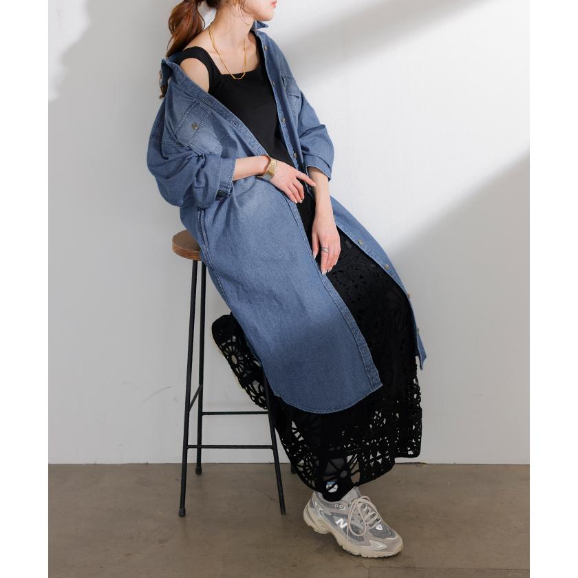 ワンピース シャツ デニム シャツワンピ レディース デニムワンピ シャツワンピース レイヤード 長袖 ロング ロングワンピース Aライン ワンピ | HUG.U | 06