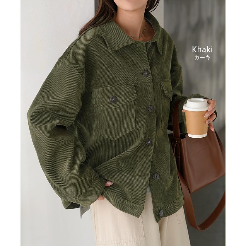 アウター ジャケット コーデュロイ レディース コート ブルゾン 襟 無地 長袖 羽織 コーデュロイジャケット チュニック オープンカラー ポケット | HUG.U | 14