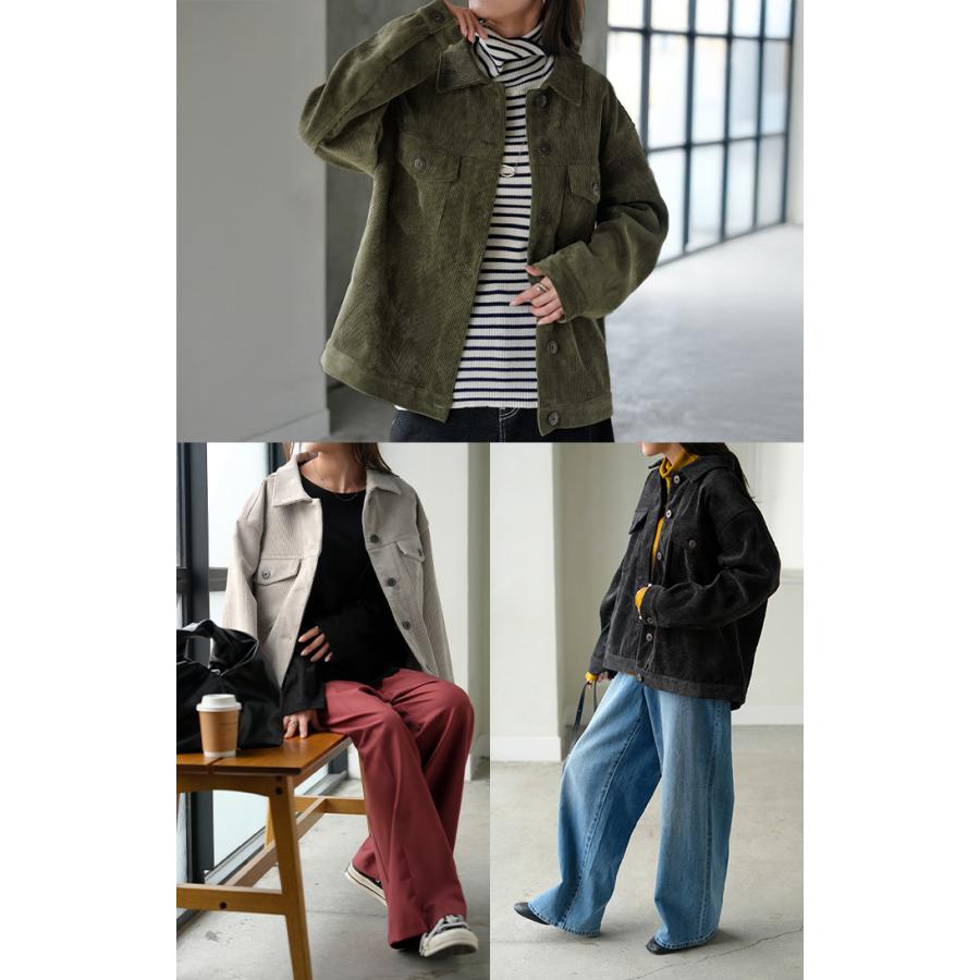 アウター ジャケット コーデュロイ レディース コート ブルゾン 襟 無地 長袖 羽織 コーデュロイジャケット チュニック オープンカラー ポケット | HUG.U | 19
