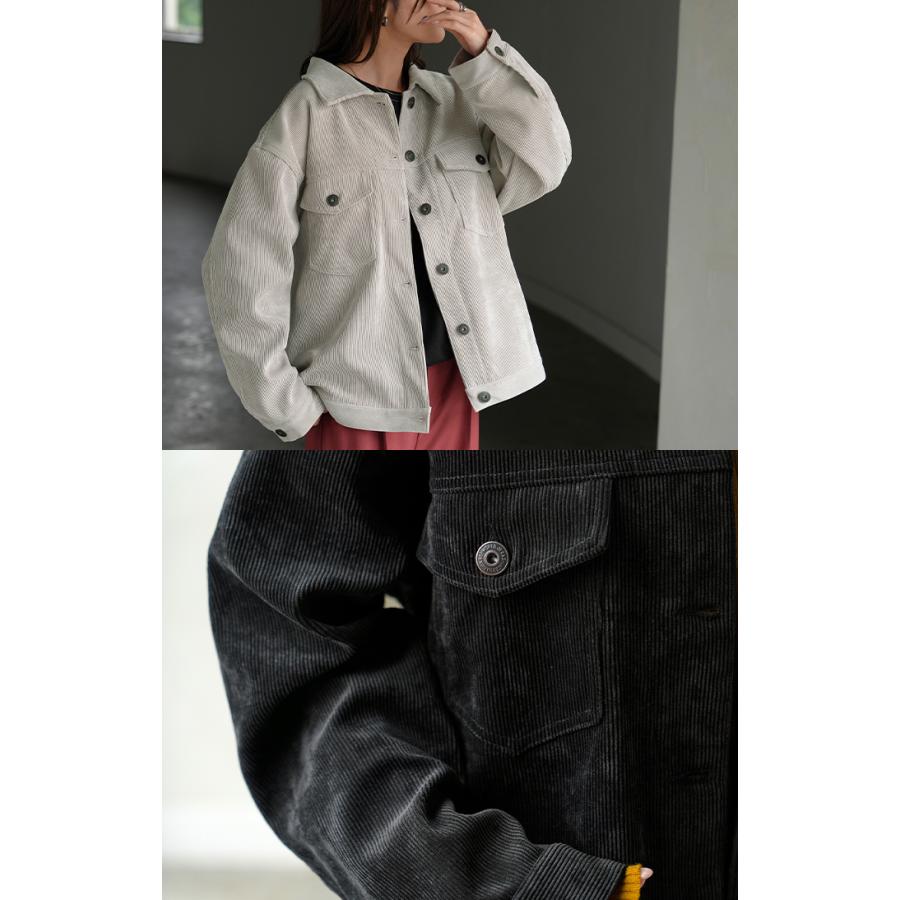 アウター ジャケット コーデュロイ レディース コート ブルゾン 襟 無地 長袖 羽織 コーデュロイジャケット チュニック オープンカラー ポケット | HUG.U | 21
