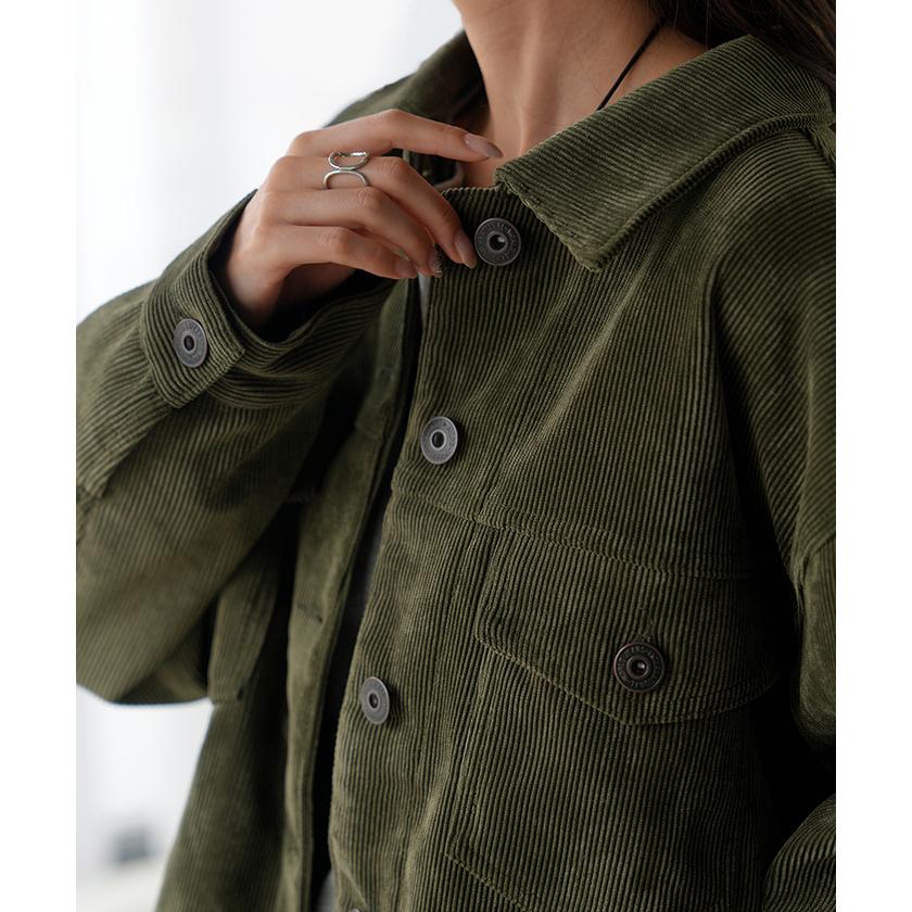 アウター ジャケット コーデュロイ レディース コート ブルゾン 襟 無地 長袖 羽織 コーデュロイジャケット チュニック オープンカラー ポケット | HUG.U | 06