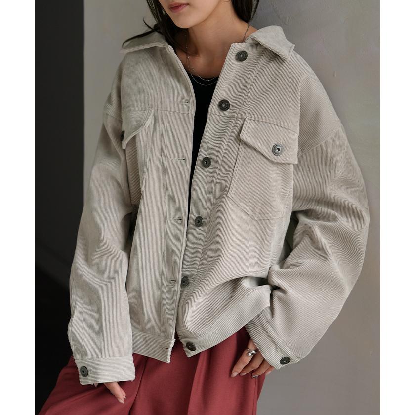 アウター ジャケット コーデュロイ レディース コート ブルゾン 襟 無地 長袖 羽織 コーデュロイジャケット チュニック オープンカラー ポケット | HUG.U | 07