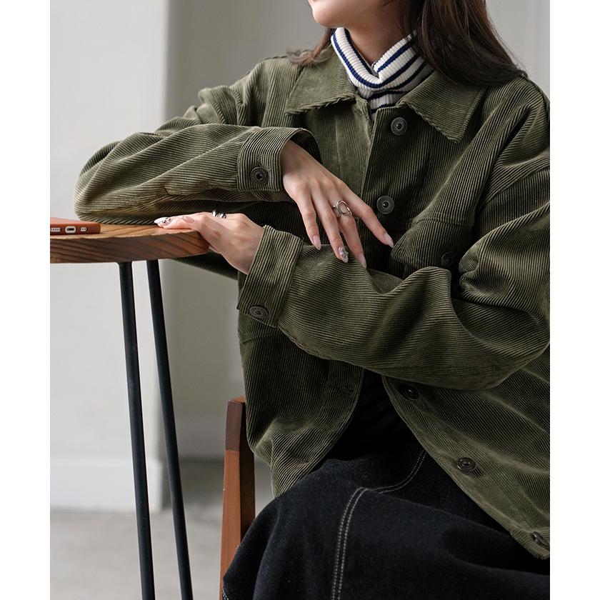 アウター ジャケット コーデュロイ レディース コート ブルゾン 襟 無地 長袖 羽織 コーデュロイジャケット チュニック オープンカラー ポケット | HUG.U | 11