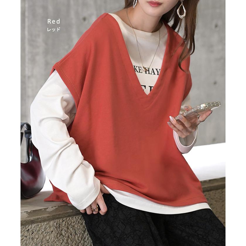 ベスト 深V ウラケ レディース トップス ノーカラー Vネック 深Vネック ジレ ノースリーブ 裏毛 レイヤード 体型カバー スリット パイル生地 パイル | HUG.U | 15