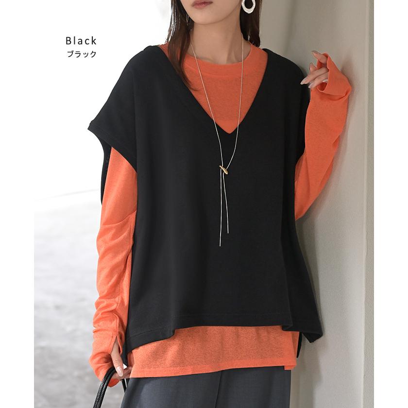 ベスト 深V ウラケ レディース トップス ノーカラー Vネック 深Vネック ジレ ノースリーブ 裏毛 レイヤード 体型カバー スリット パイル生地 パイル | HUG.U | 18