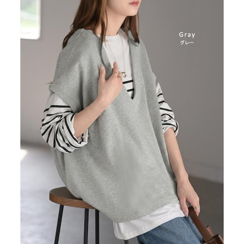 FJ レディース ノースリーブ Vネック セーター L グレー HUG.U（ハグユー） ベスト 深V ウラケ レディース トップス ノーカラー