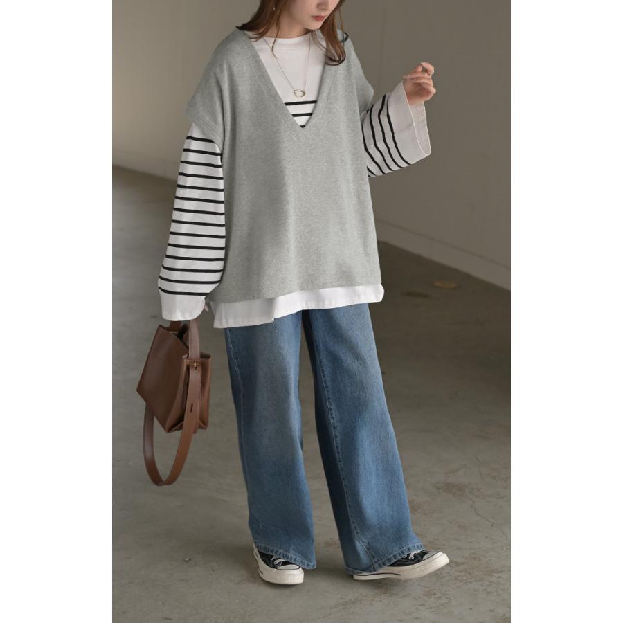 ベスト 深V ウラケ レディース トップス ノーカラー Vネック 深Vネック ジレ ノースリーブ 裏毛 レイヤード 体型カバー スリット パイル生地 パイル | HUG.U | 19