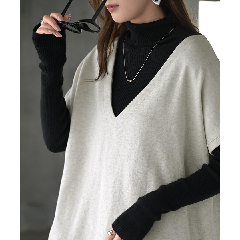 ベスト 深V ウラケ レディース トップス ノーカラー Vネック 深Vネック ジレ ノースリーブ 裏毛 レイヤード 体型カバー スリット パイル生地 パイル | HUG.U | 21