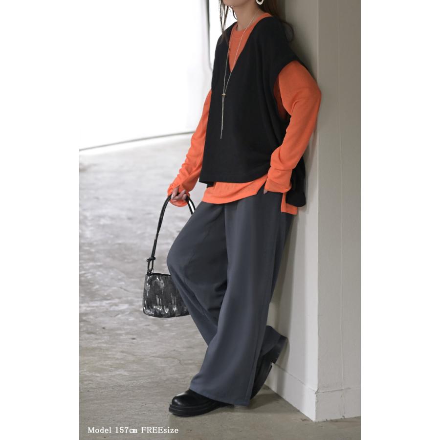 ベスト 深V ウラケ レディース トップス ノーカラー Vネック 深Vネック ジレ ノースリーブ 裏毛 レイヤード 体型カバー スリット パイル生地 パイル | HUG.U | 23