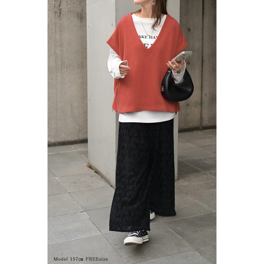 ベスト 深V ウラケ レディース トップス ノーカラー Vネック 深Vネック ジレ ノースリーブ 裏毛 レイヤード 体型カバー スリット パイル生地 パイル | HUG.U | 06