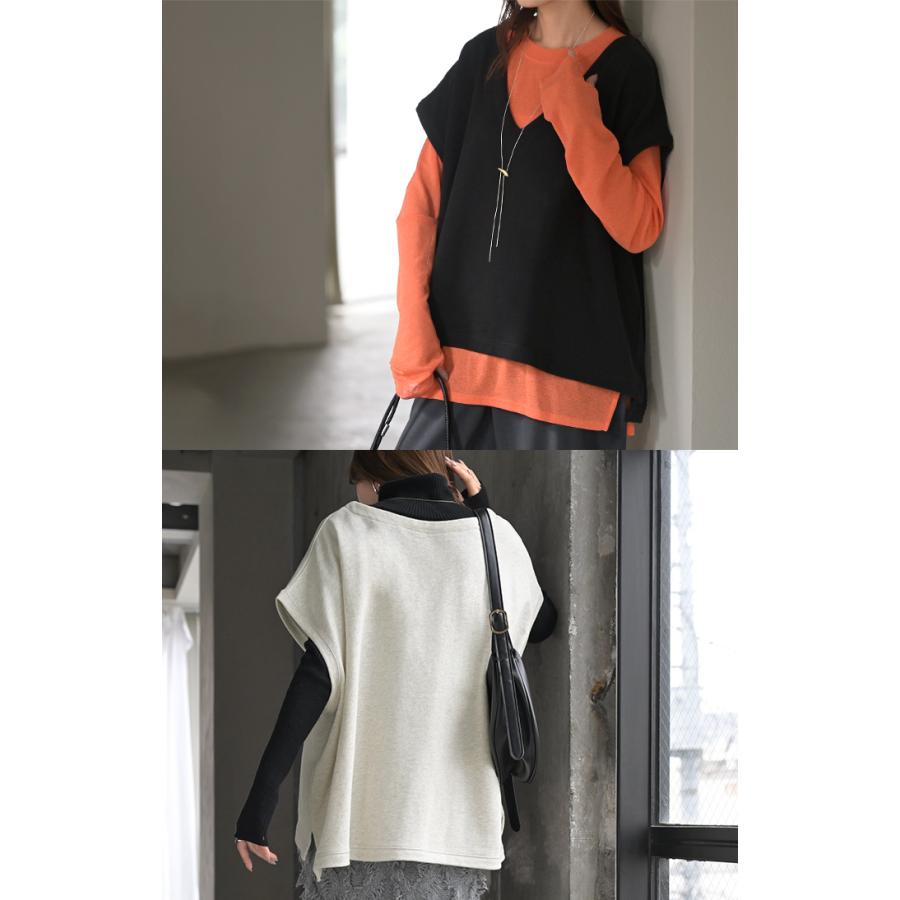 ベスト 深V ウラケ レディース トップス ノーカラー Vネック 深Vネック ジレ ノースリーブ 裏毛 レイヤード 体型カバー スリット パイル生地 パイル | HUG.U | 11