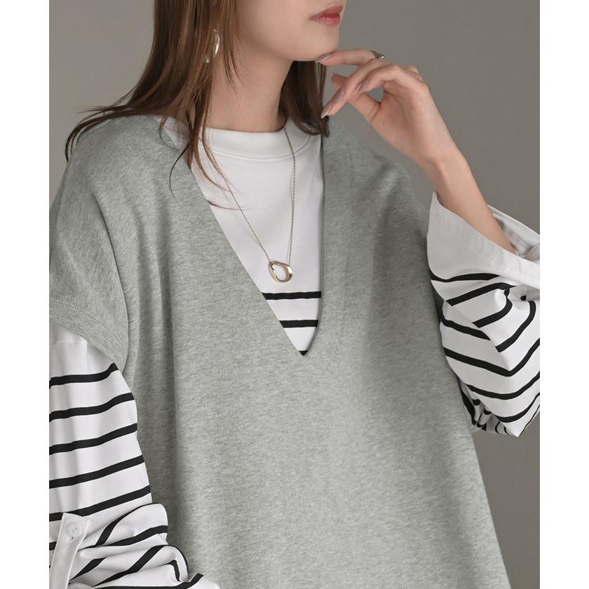 ベスト 深V ウラケ レディース トップス ノーカラー Vネック 深Vネック ジレ ノースリーブ 裏毛 レイヤード 体型カバー スリット パイル生地 パイル | HUG.U | 12