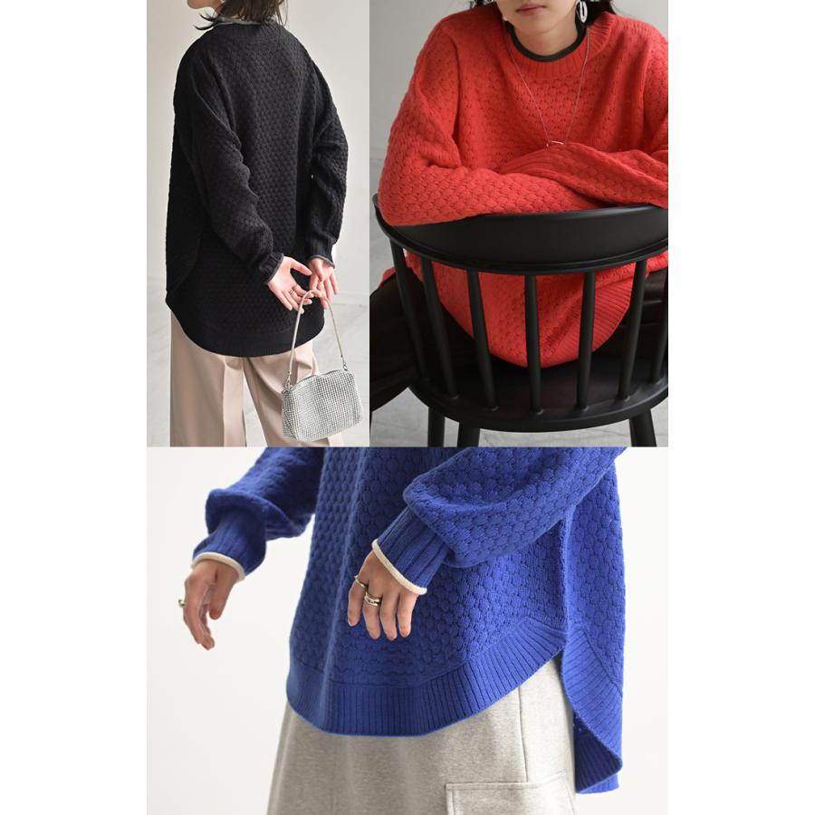 ニット 洗える トップス 配色 ポップコーン編み バイカラー レディース ロング セーター オーバー プルオーバー プチハイネック 長袖 透け感 チクチクしない | HUG.U | 19