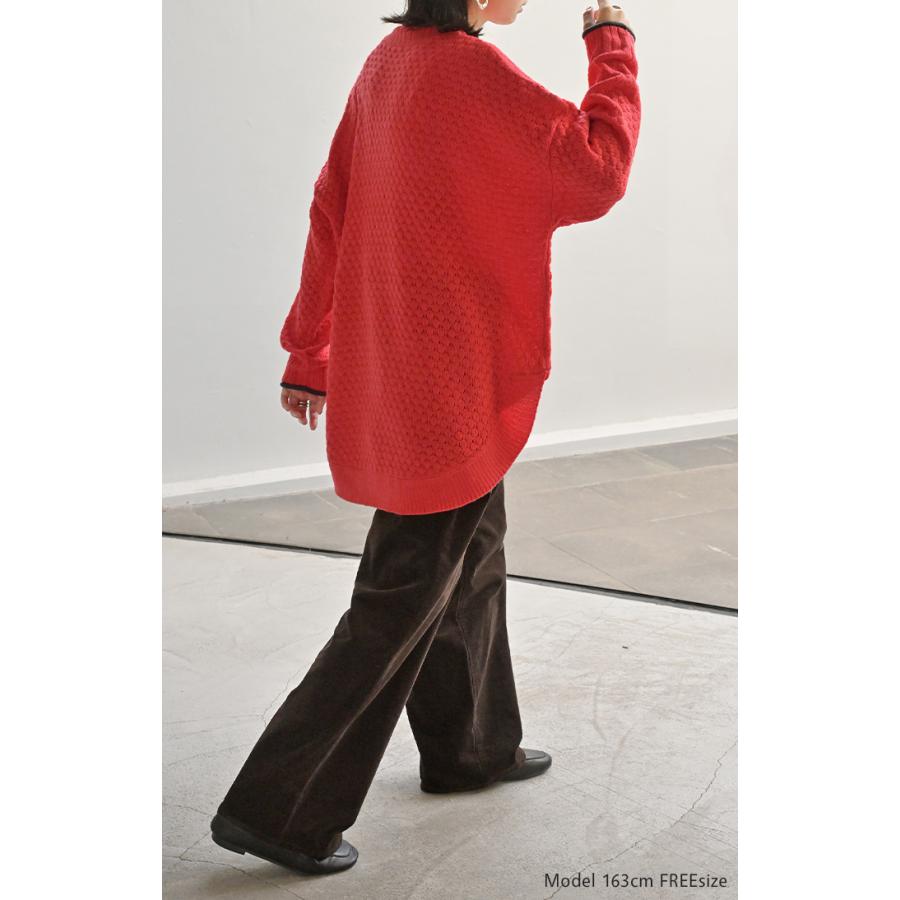 ニット 洗える トップス 配色 ポップコーン編み バイカラー レディース ロング セーター オーバー プルオーバー プチハイネック 長袖 透け感 チクチクしない | HUG.U | 20