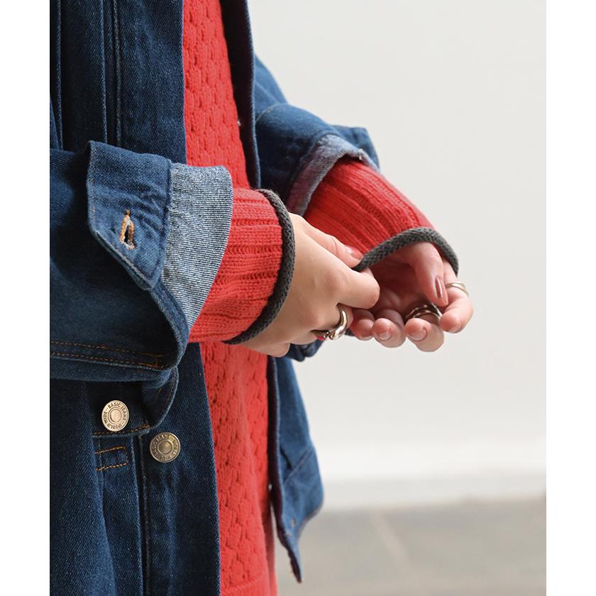 ニット 洗える トップス 配色 ポップコーン編み バイカラー レディース ロング セーター オーバー プルオーバー プチハイネック 長袖 透け感 チクチクしない | HUG.U | 23