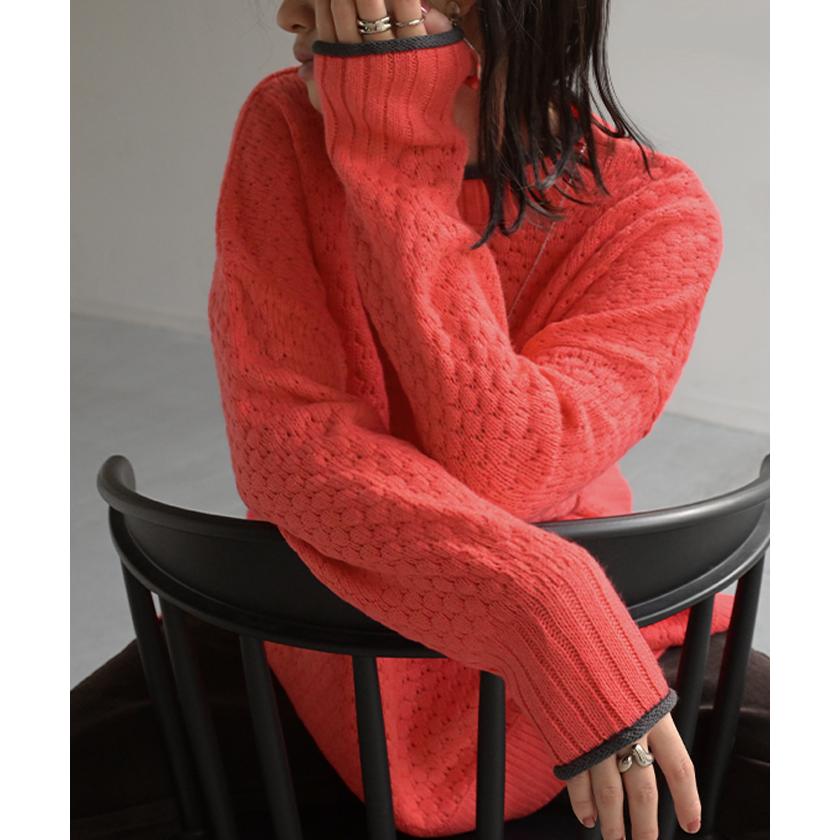 ニット 洗える トップス 配色 ポップコーン編み バイカラー レディース ロング セーター オーバー プルオーバー プチハイネック 長袖 透け感 チクチクしない | HUG.U | 06