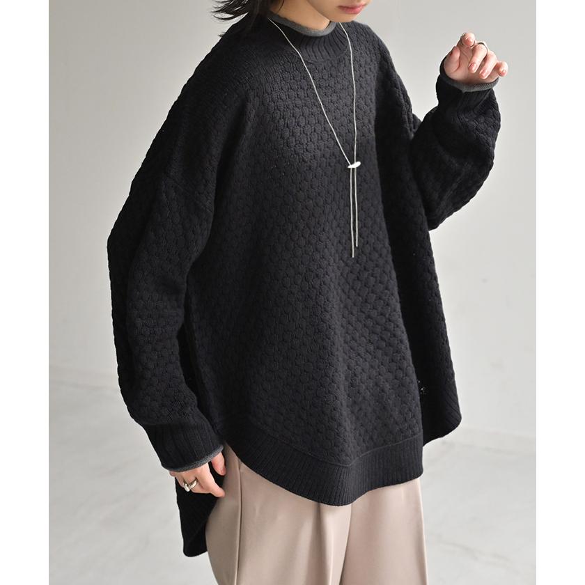 ニット 洗える トップス 配色 ポップコーン編み バイカラー レディース ロング セーター オーバー プルオーバー プチハイネック 長袖 透け感 チクチクしない | HUG.U | 08