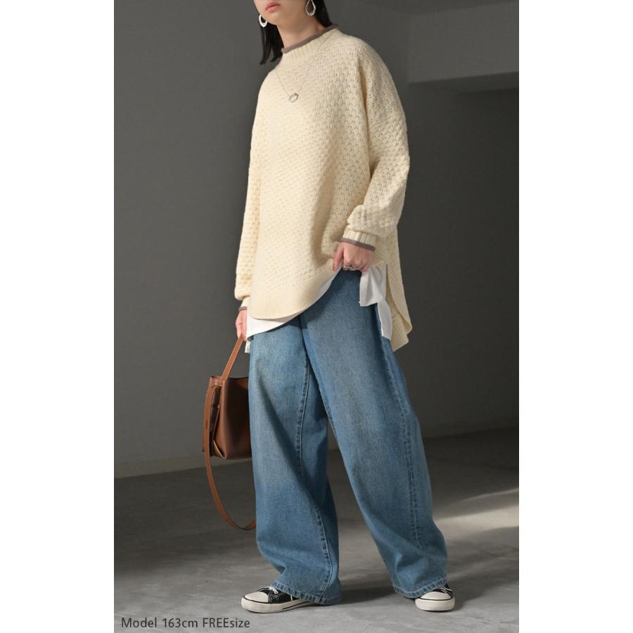 ニット 洗える トップス 配色 ポップコーン編み バイカラー レディース ロング セーター オーバー プルオーバー プチハイネック 長袖 透け感 チクチクしない | HUG.U | 11