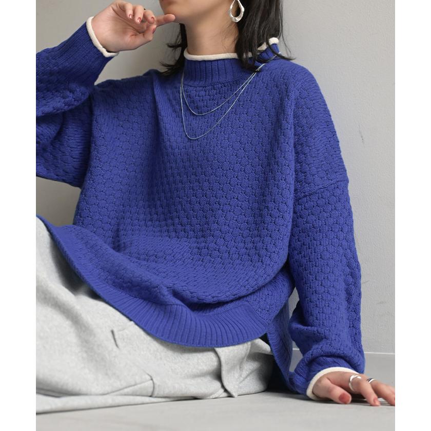 ニット 洗える トップス 配色 ポップコーン編み バイカラー レディース ロング セーター オーバー プルオーバー プチハイネック 長袖 透け感 チクチクしない | HUG.U | 12