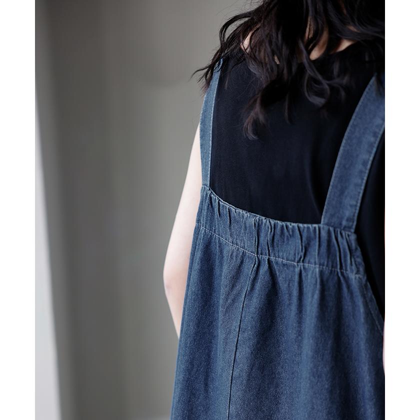 ジャンパースカート デニム ジャンスカ ワンピース レディース サロペット ノースリーブ オーバーオール 軽量 ロング フレア 体型カバー ギャザー 軽い 柔らかい | HUG.U | 18