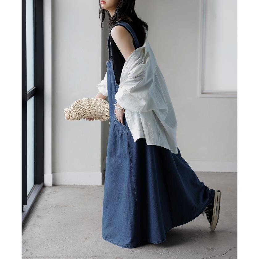 ジャンパースカート デニム ジャンスカ ワンピース レディース サロペット ノースリーブ オーバーオール 軽量 ロング フレア 体型カバー ギャザー 軽い 柔らかい | HUG.U | 19