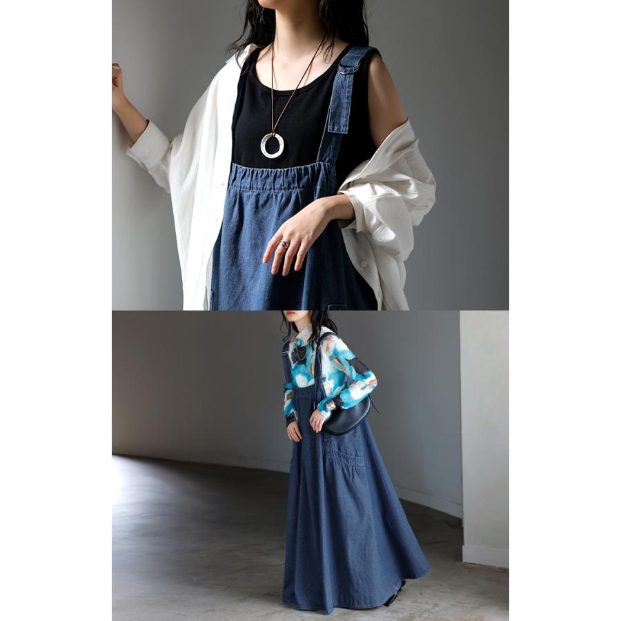 ジャンパースカート デニム ジャンスカ ワンピース レディース サロペット ノースリーブ オーバーオール 軽量 ロング フレア 体型カバー ギャザー 軽い 柔らかい | HUG.U | 21