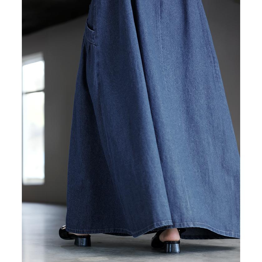 ジャンパースカート デニム ジャンスカ ワンピース レディース サロペット ノースリーブ オーバーオール 軽量 ロング フレア 体型カバー ギャザー 軽い 柔らかい | HUG.U | 05