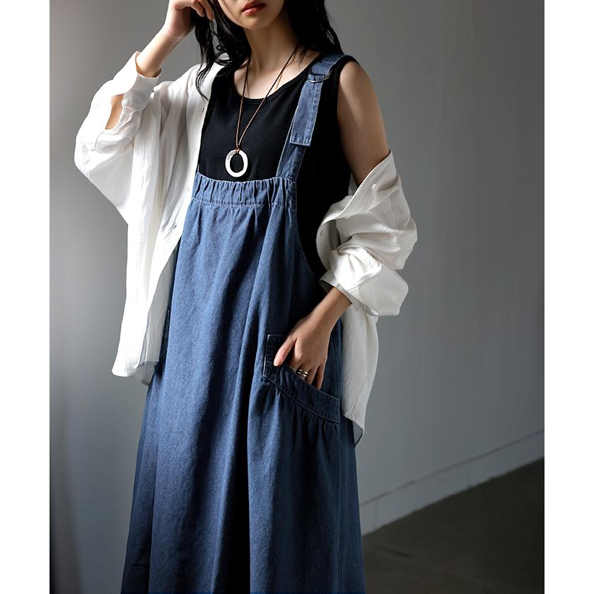 ジャンパースカート デニム ジャンスカ ワンピース レディース サロペット ノースリーブ オーバーオール 軽量 ロング フレア 体型カバー ギャザー 軽い 柔らかい | HUG.U | 07