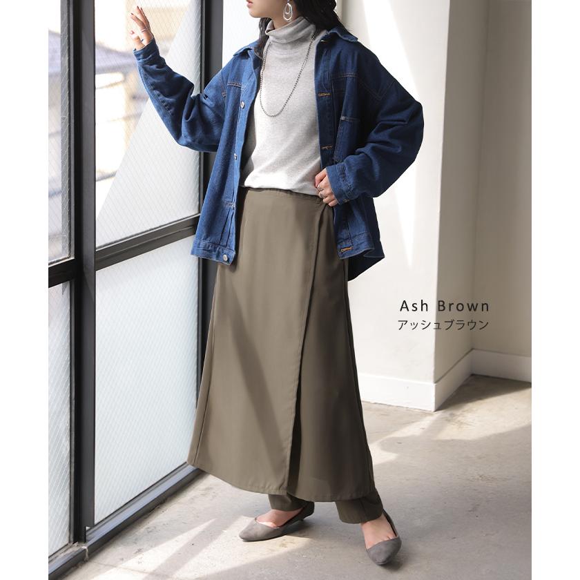 パンツ スカート レディース ボトムス スカパン フレア ラップスカート風 重ね着風 レイヤード 体型カバー ワイドパンツ ズボン ウエストゴム シワになりにくい | HUG.U | 16