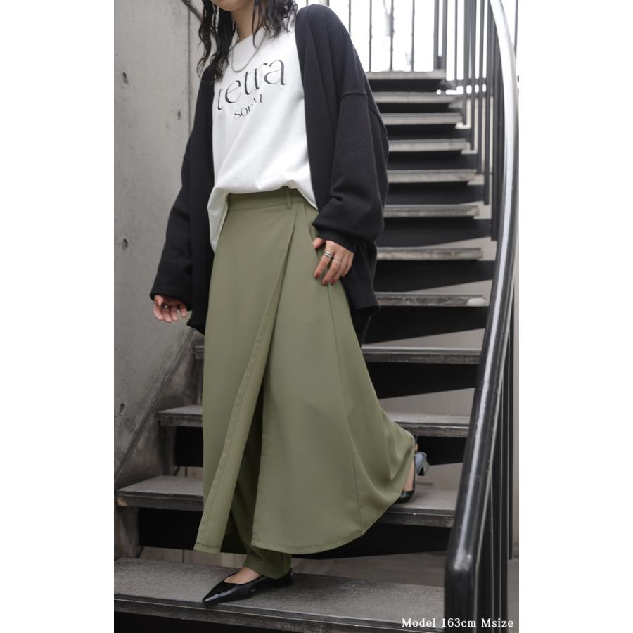 パンツ スカート レディース ボトムス スカパン フレア ラップスカート風 重ね着風 レイヤード 体型カバー ワイドパンツ ズボン ウエストゴム シワになりにくい | HUG.U | 20