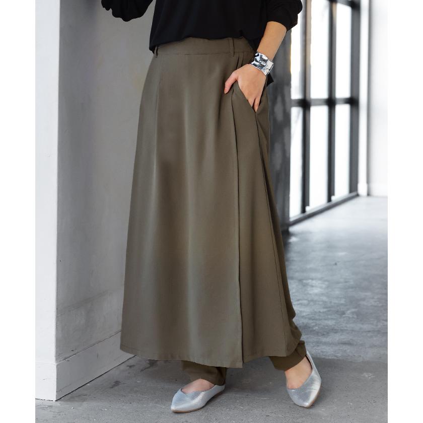 パンツ スカート レディース ボトムス スカパン フレア ラップスカート風 重ね着風 レイヤード 体型カバー ワイドパンツ ズボン ウエストゴム シワになりにくい | HUG.U | 07