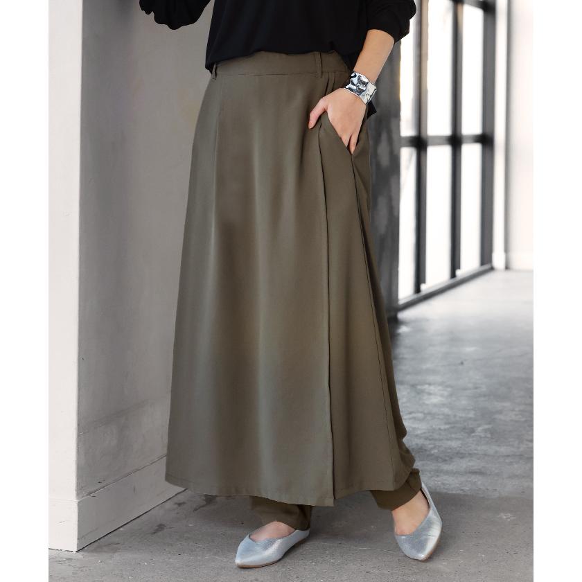 パンツ スカート レディース ボトムス スカパン フレア ラップスカート風 重ね着風 レイヤード 体型カバー ワイドパンツ ズボン ウエストゴム シワになりにくい | HUG.U | 07