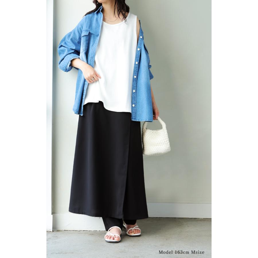 パンツ スカート レディース ボトムス スカパン フレア ラップスカート風 重ね着風 レイヤード 体型カバー ワイドパンツ ズボン ウエストゴム シワになりにくい | HUG.U | 10