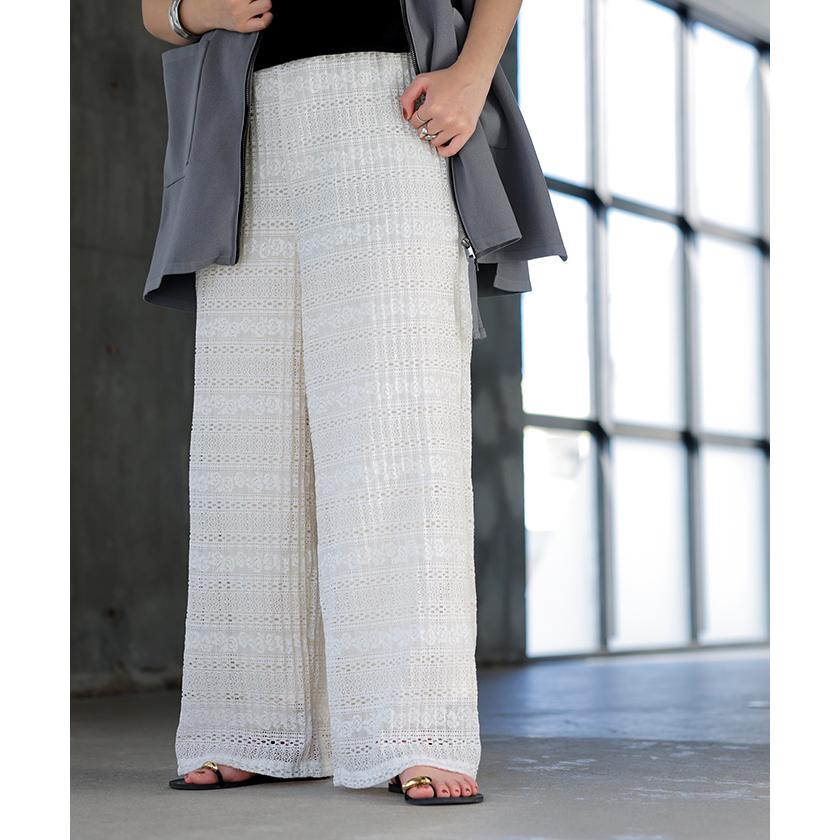 パンツ レース レディース ワイド ワイドパンツ レースパンツ プリーツ プリーツパンツ ロング ロングパンツ ゴム ボトムス ストレート 透かし編み ニット | HUG.U | 18