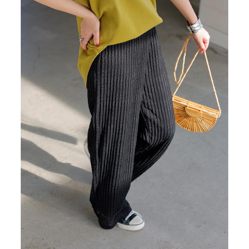 パンツ レース レディース ワイド ワイドパンツ レースパンツ プリーツ プリーツパンツ ロング ロングパンツ ゴム ボトムス ストレート 透かし編み ニット | HUG.U | 21