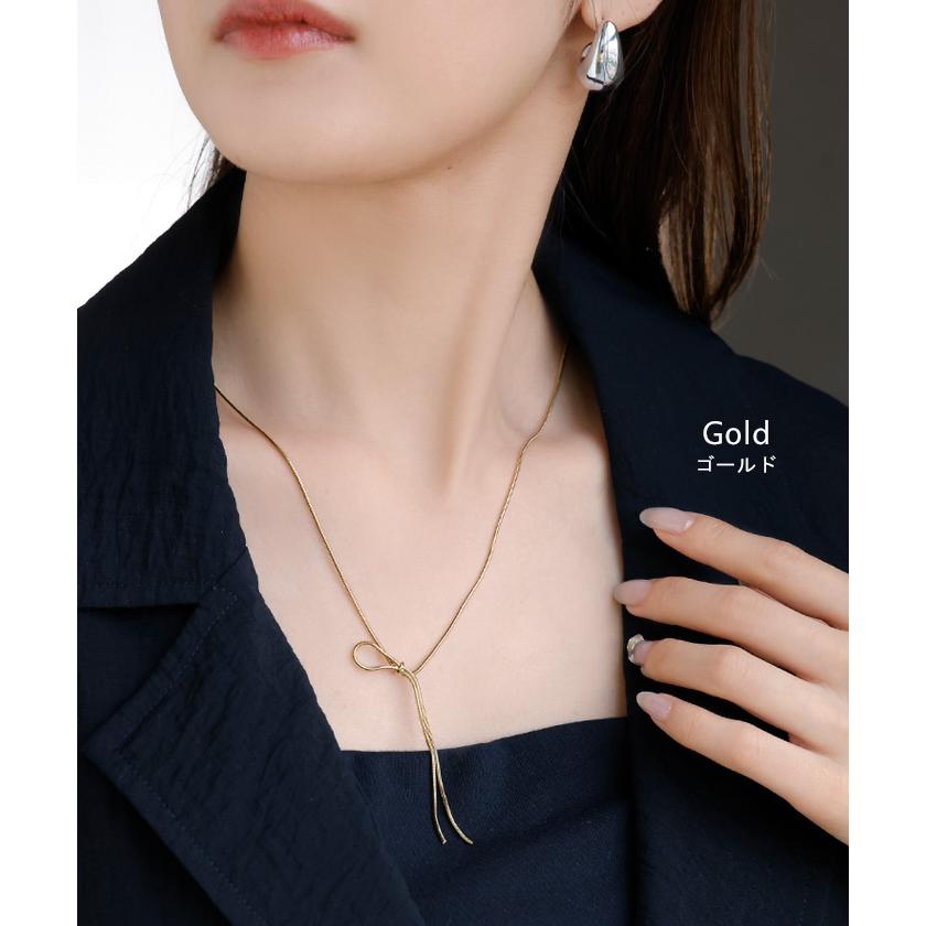 ネックレス リボン デザイン モチーフ レディース アクセ アクセサリー ノット 結び目 チェーン シンプル ニュアンス アジャスター 調整 華奢 細い 合金 ロング | HUG.U | 10