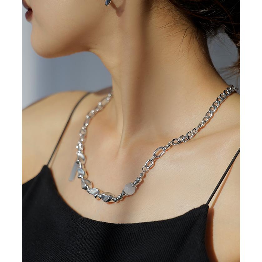 ネックレス サージカルステンレス チェーン ストーン ビース レディース アクセサリー アクセ シルバー 銀 不揃い モチーフ 異素材 MIX 錆びにくい | HUG.U | 05