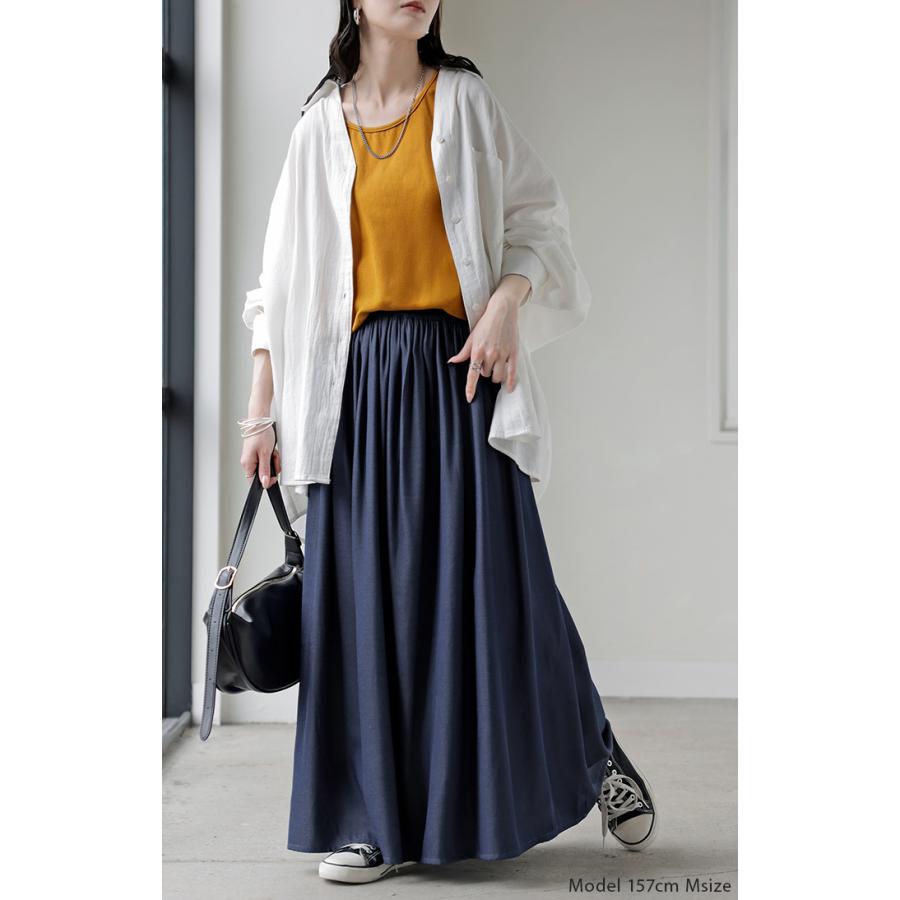 スカート ロング フレア 超軽量 レディース ロングスカート ギャザー ギャザースカート フレアスカート Aライン デニムライク 無地 長い | HUG.U | 10