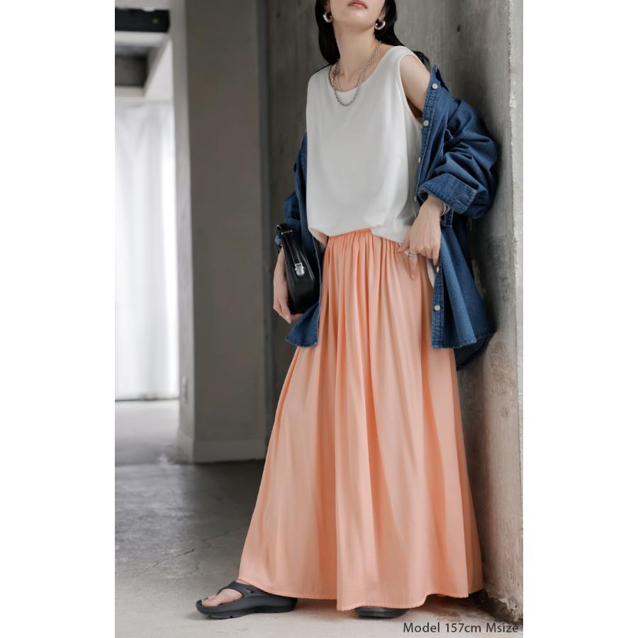 スカート ロング フレア 超軽量 レディース ロングスカート ギャザー ギャザースカート フレアスカート Aライン デニムライク 無地 長い | HUG.U | 12