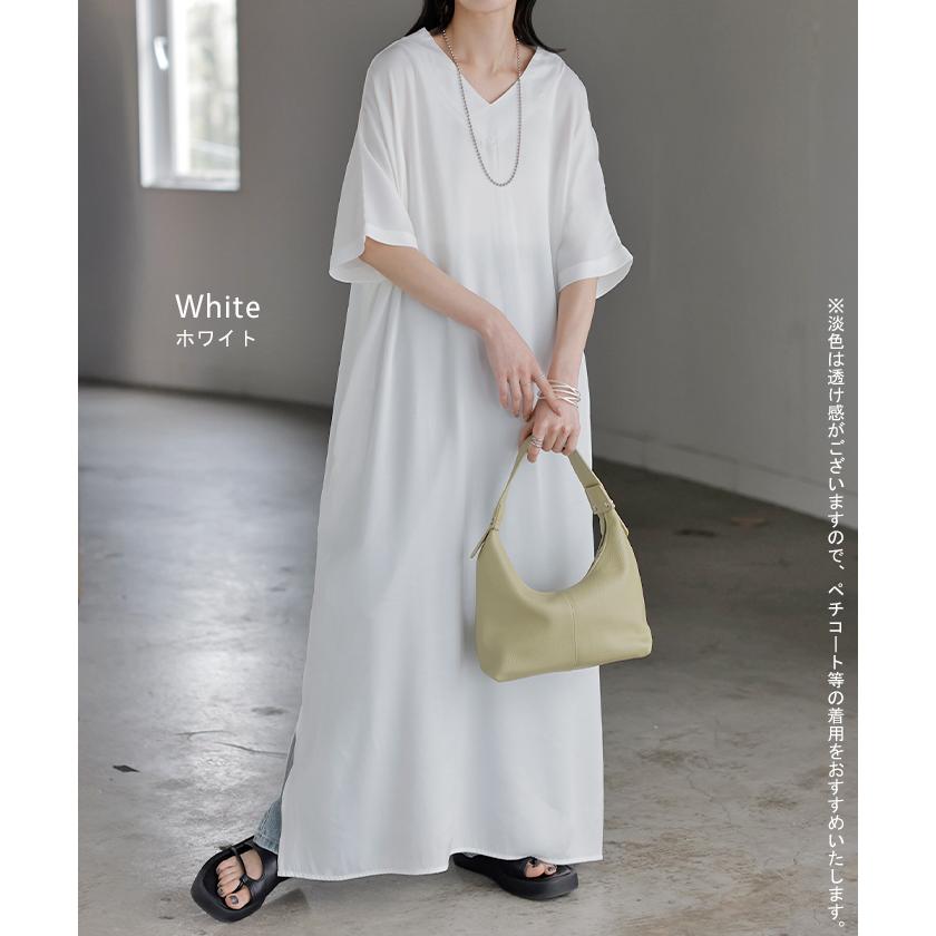 ワンピース ロング レディース ロングワンピース マキシ丈 半袖 Vネック キーネック 薄手 軽い 軽量 デニム風 スリット ポケット 落ち感 とろみ Aライン 重ね着 | HUG.U | 16